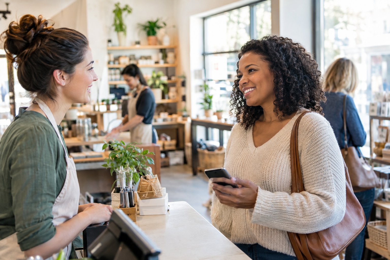 A shop owner speaks with a satisfied customer in a neighborhood store.